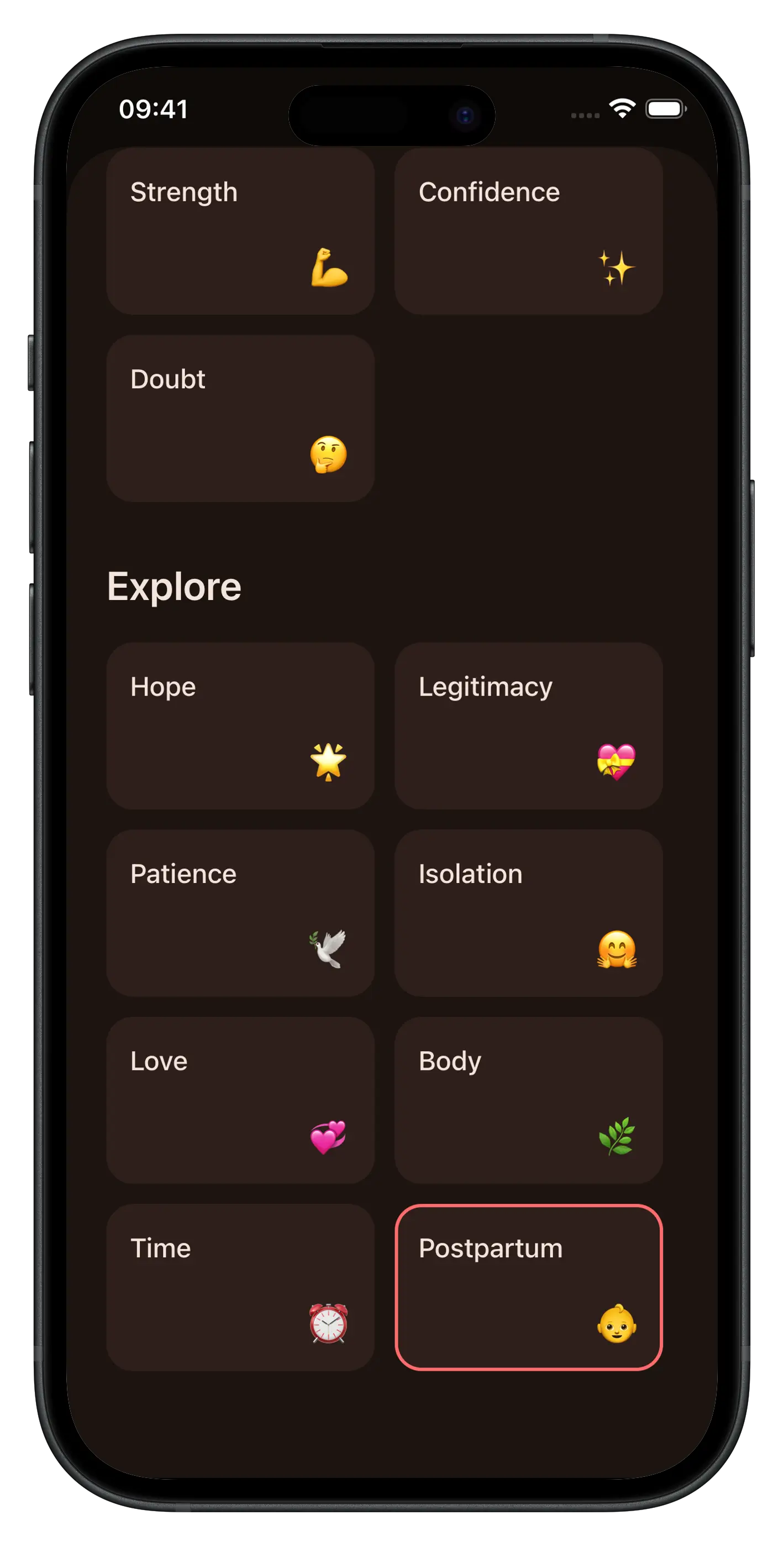 Gleam app showing affirmation categories: Strength, Confidence, Patience, Hope, Love, Postpartum and more